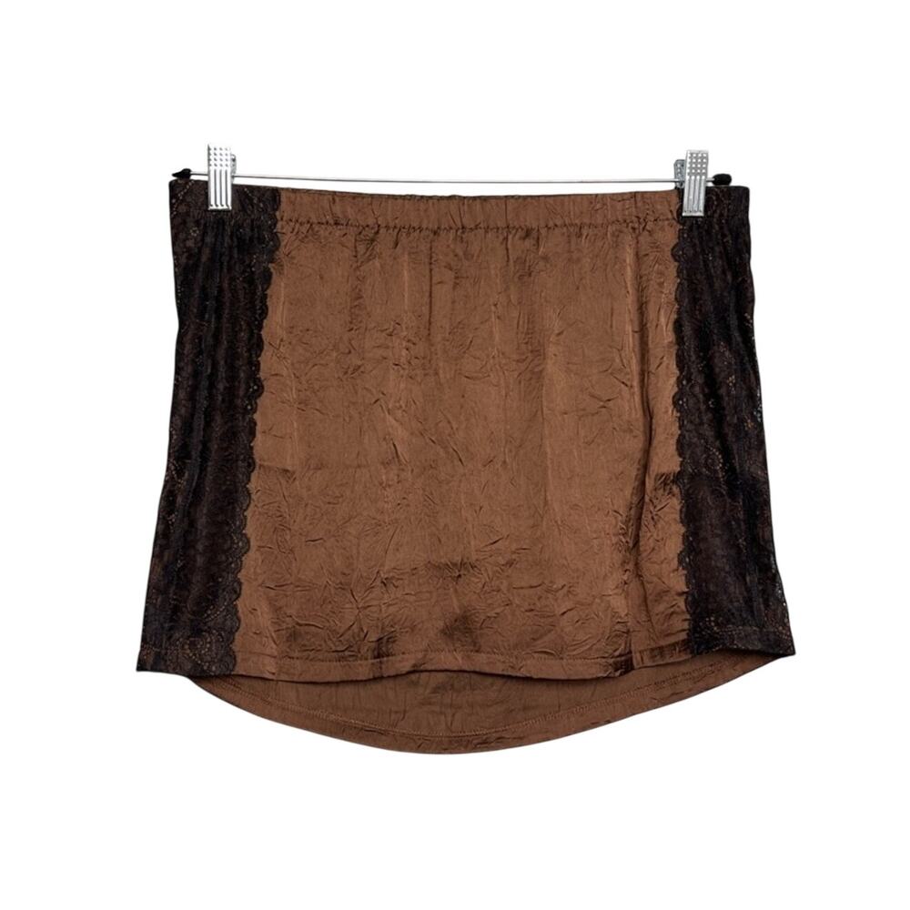 Anthropologie NWT Lace Satin Crinkle Mini Skirt Brown Black Women’s Size S